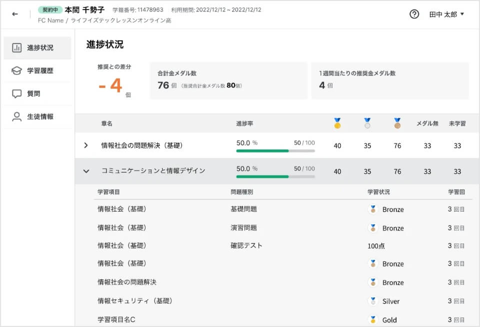 進行状況,学習履歴,進捗率